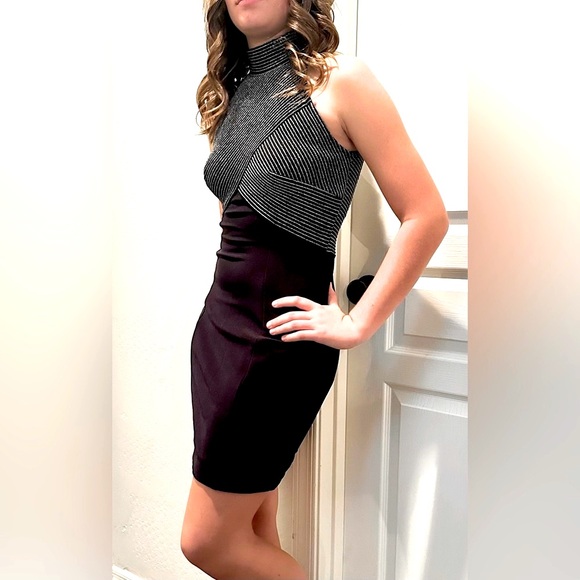 TADASHI Vtg 90s Mini Halter Dress Black/ Silver Pinstripe Crossed Bodice CL3 - Picture 4 of 9